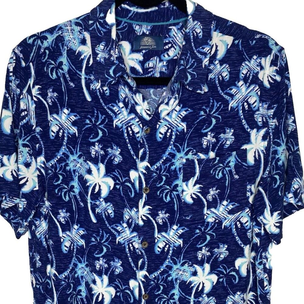 Havana Jim Hawaiian Shirt Mens M Button Front Palm Trees Tropical Rayon Blue